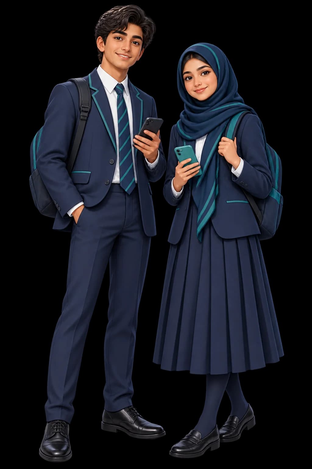 Two illustrated Aiden Campus students using the Android applications